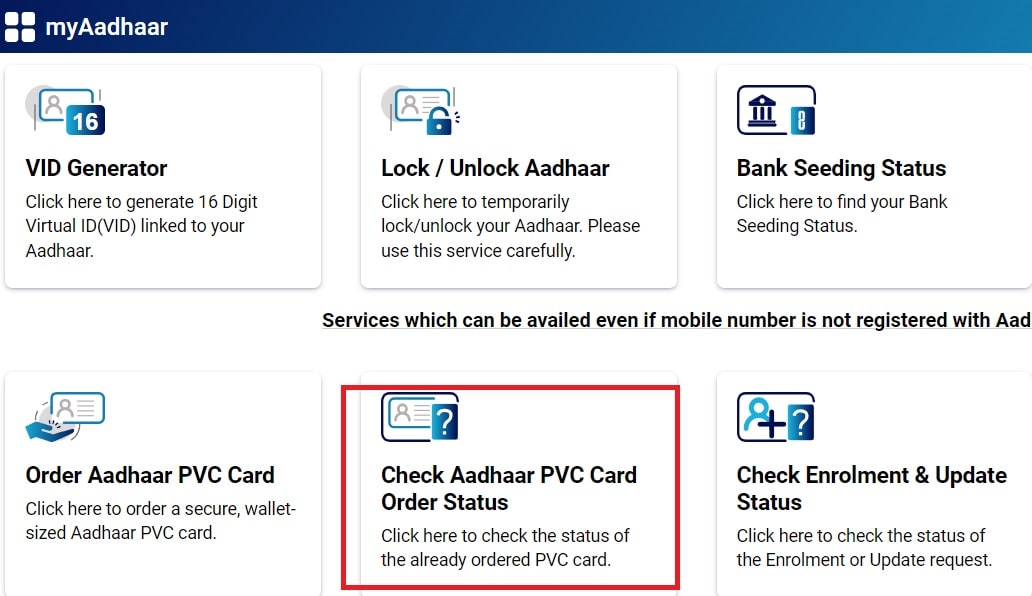 UIDAI PVC Card Status